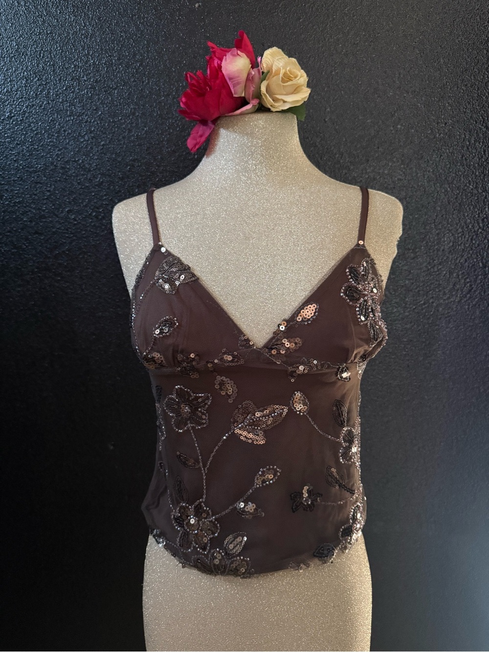 Embellished Brown Spaghetti Strap Cami Top